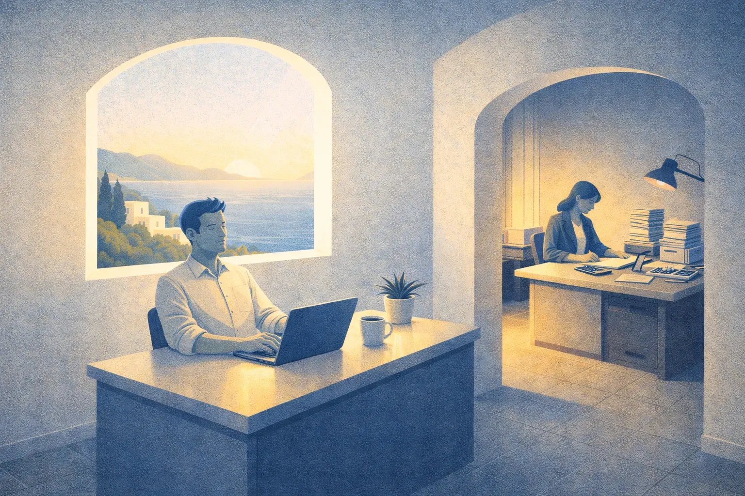 Vlasnik biznisa mirno radi za laptopom dok računovođa u pozadini vodi dokumentaciju