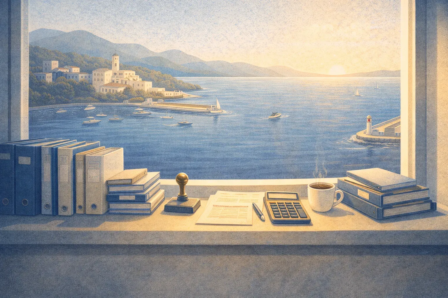 Radni sto sa svim alatima računovodstva pored mediteranskog prozora — sve na jednom mjestu