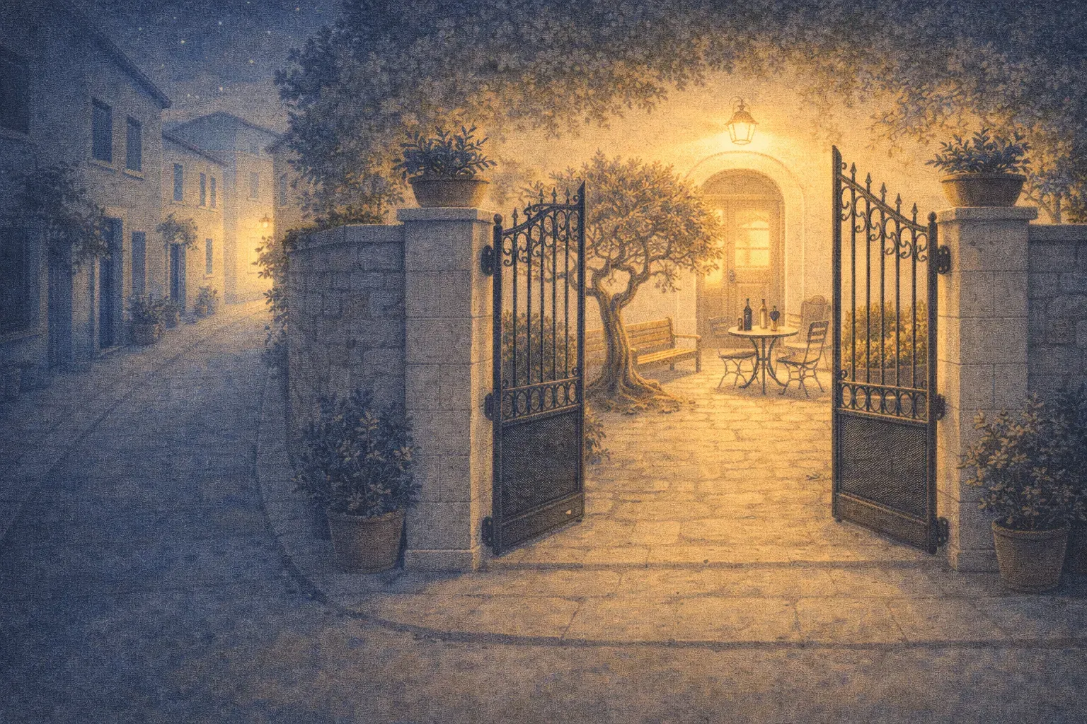 Otvorena kapija mediteranskog dvorišta sa stolom za dvoje — lični pristup svakom klijentu